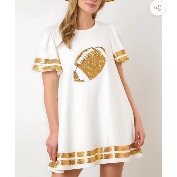 Very cute white dress with gold trimming and gold sequin football design - Picture 2 of 6